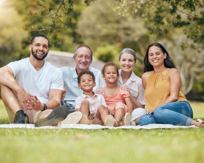 Big family, picnic and outdoor at nature park with children, parents and grandparents together for .
